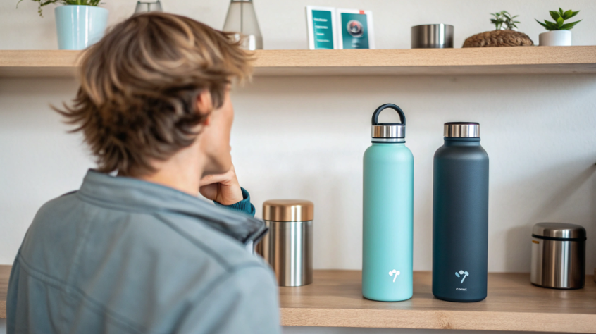 A person choosing between a lightweight single-wall bottle and a heavier insulated double-wall bottle