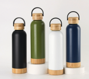 Custom Stainless Steel Vacuum Insulated Sports Bottle with Bamboo Cap and Bamboo Base
