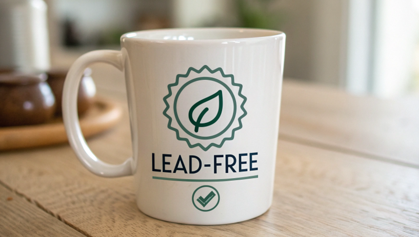 A "Lead-Free" certification symbol on the bottom of a new ceramic mug