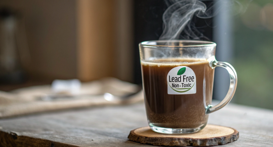 A clear glass mug filled with coffee, with a label indicating it is lead-free and non-toxic.