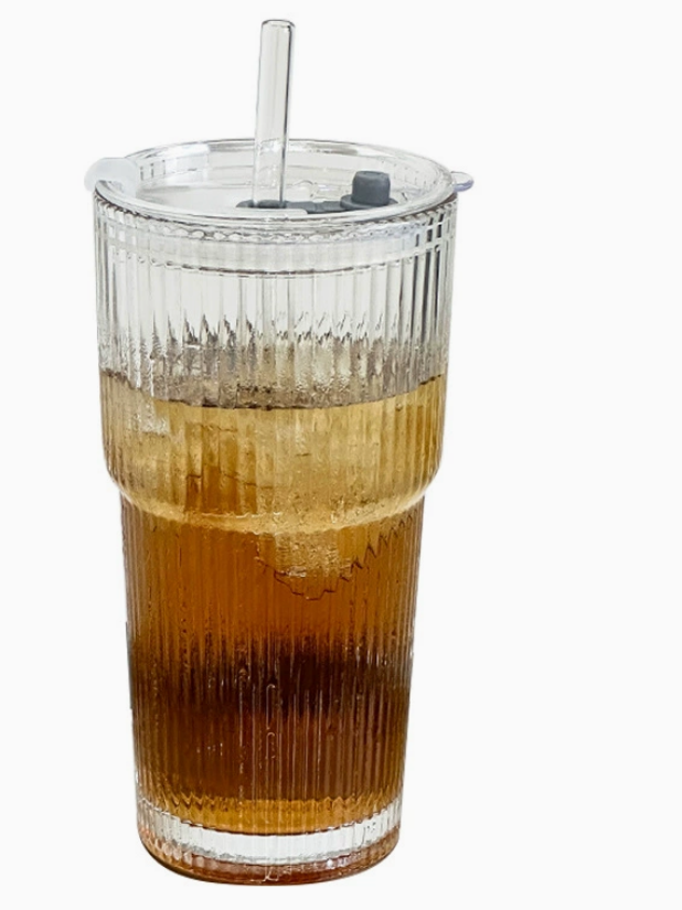 Large Capacity Vertical Striped Glass Tumbler with Lid & Straw – Iced Coffee & Juice Cup for Custom Use