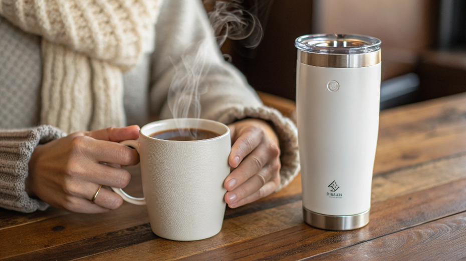 A person's hands wrapped around a warm ceramic mug next to a cool-to-the-touch stainless steel travel mug