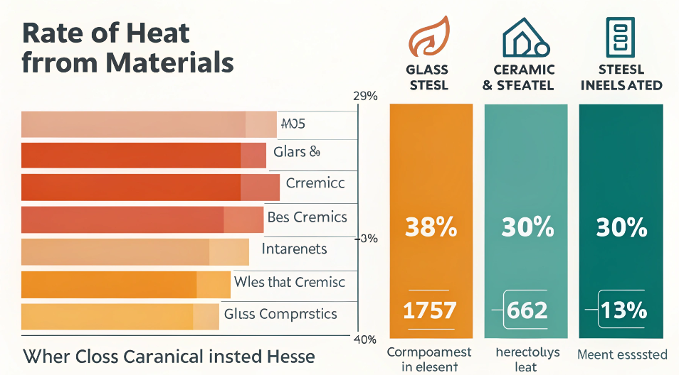 An infographic showing the rate of heat loss from different materials like glass, ceramic, and insulated steel