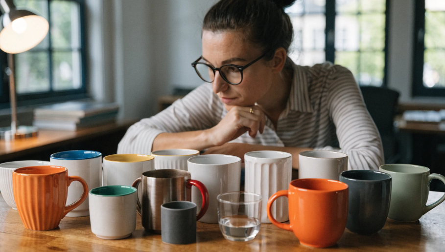 A designer reviewing different mug samples with varying features and colors on a table
