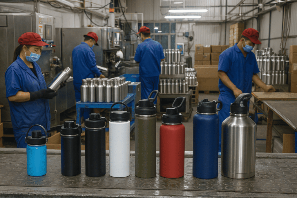 A handshake sealing a deal in a modern factory setting with production lines in the background