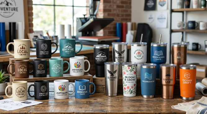 A collection of custom branded mugs and tumblers