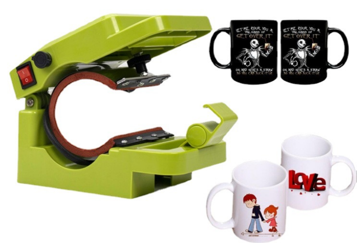 A close-up of a heat press machine transferring a logo onto a blank coffee mug