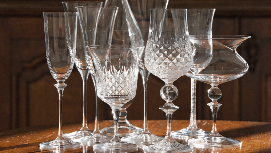 A set of elegant, high-end crystal wine glasses on a dark, polished wood table
