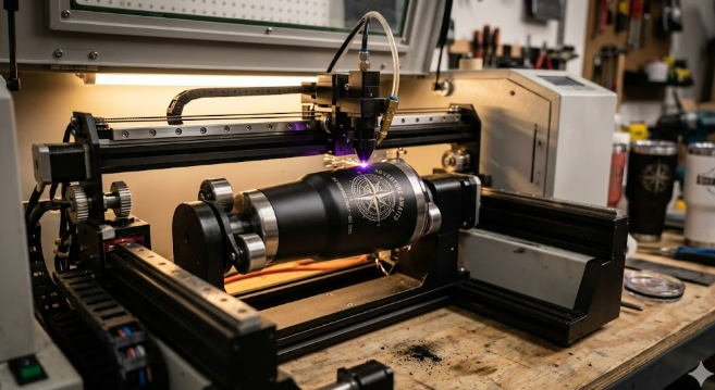 A close-up of a laser engraving machine personalizing a tumbler