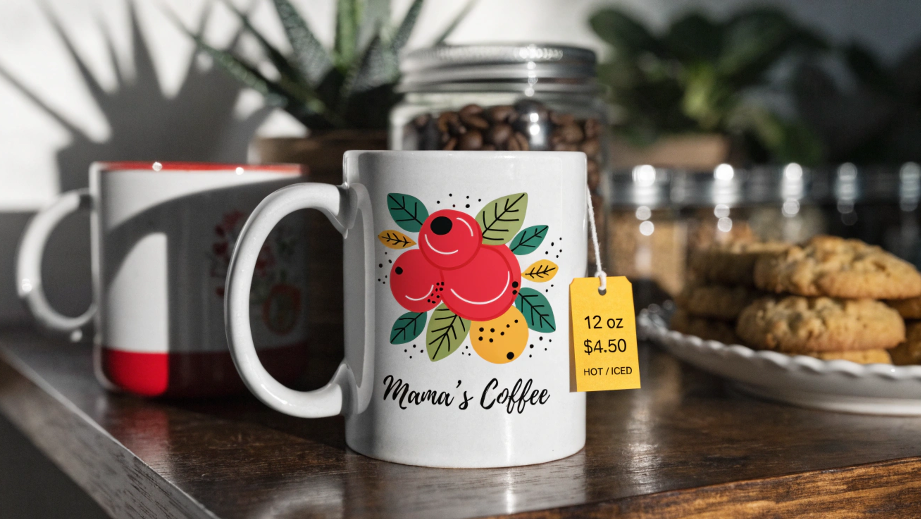 A price tag hanging from the handle of a personalized mug on a shop shelf