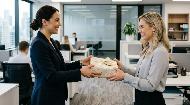 A person professionally handing a wrapped gift to another person in an office
