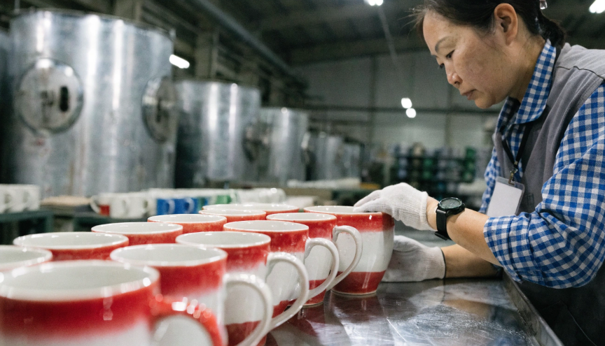 A factory worker carefully inspecting a row of freshly made mugs for imperfections