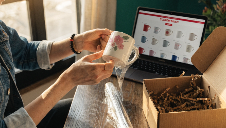A person packaging a custom mug for an online order with a laptop showing an e-commerce store in the background