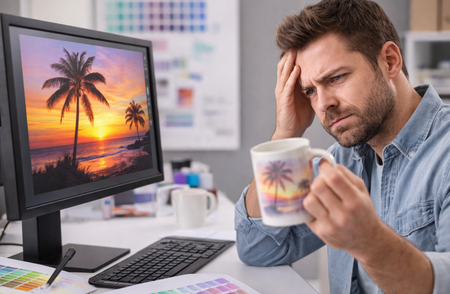 A graphic designer looking frustrated while comparing a mug design on a computer screen to a poorly printed sample
