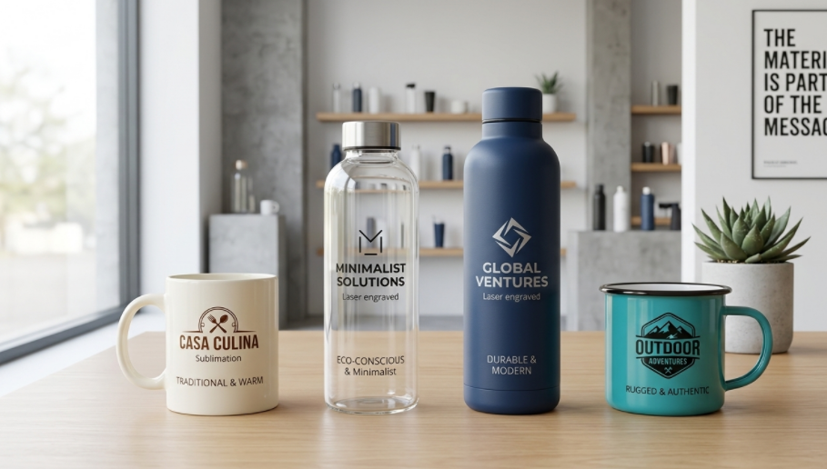 A lineup of drinkware in different materials: ceramic, glass, stainless steel, and enamel