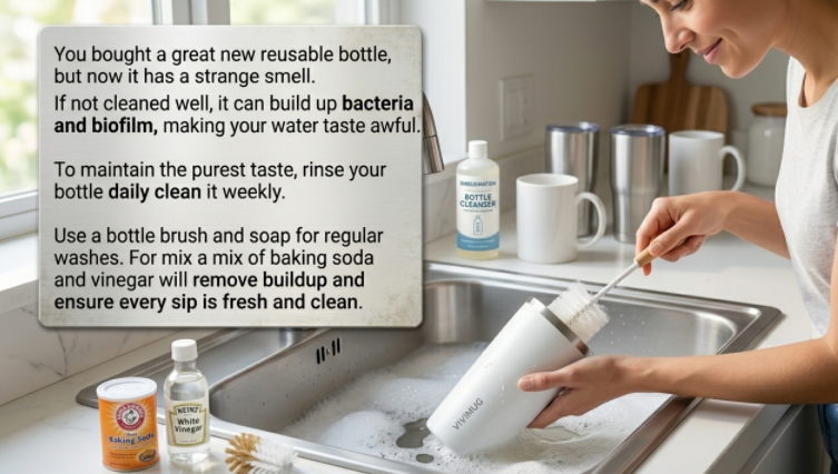A person using a bottle brush to clean the inside of a reusable water bottle in a sink