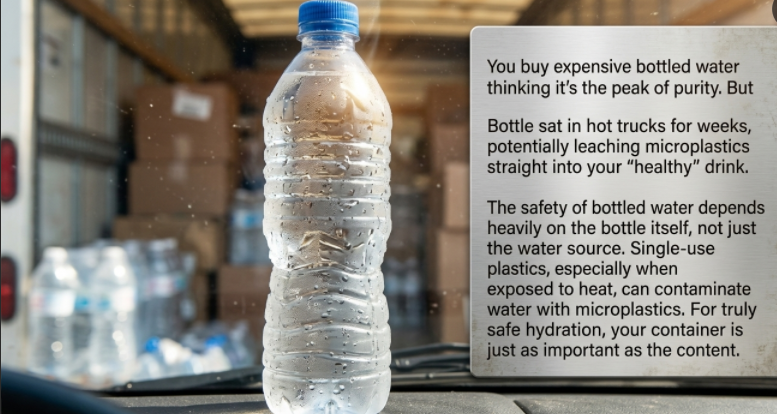 A close-up of a plastic water bottle with condensation, highlighting the plastic material