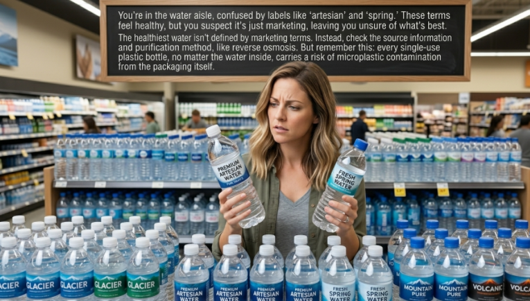 A person studying the labels of different water bottles in a grocery store aisle