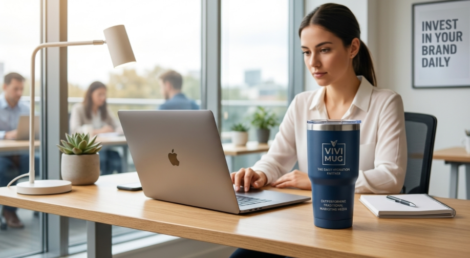 A person at their office desk with a branded tumbler next to their laptop
