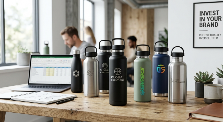 A collection of high-quality, branded stainless steel water bottles