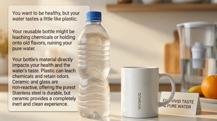 A side-by-side comparison of a plastic bottle and a sleek ceramic tumbler