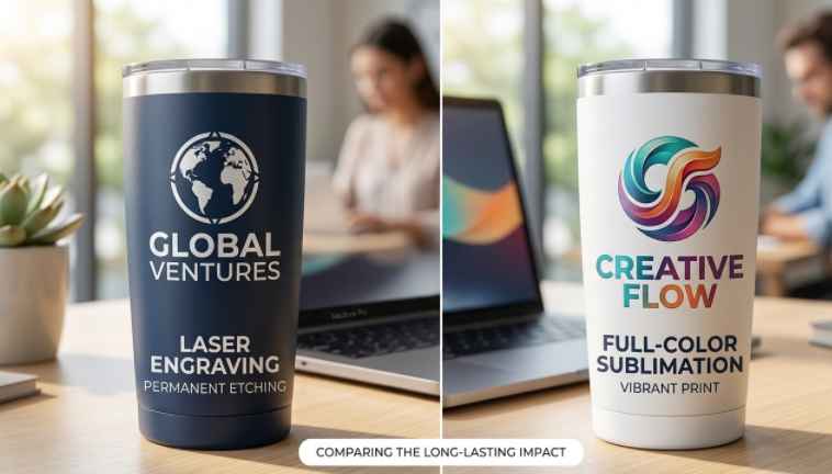 A close-up split image showing a laser-etched logo and a full-color sublimated design on tumblers