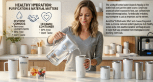 A woman pouring filtered water into a clean white ceramic mug to avoid microplastics.