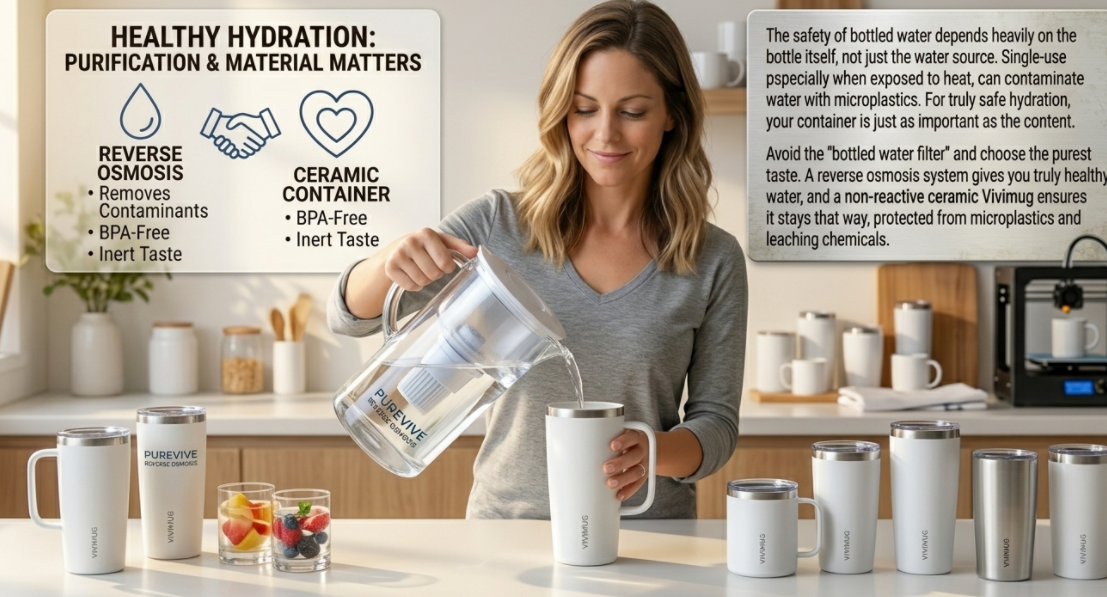 A woman pouring filtered water into a clean white ceramic mug to avoid microplastics.