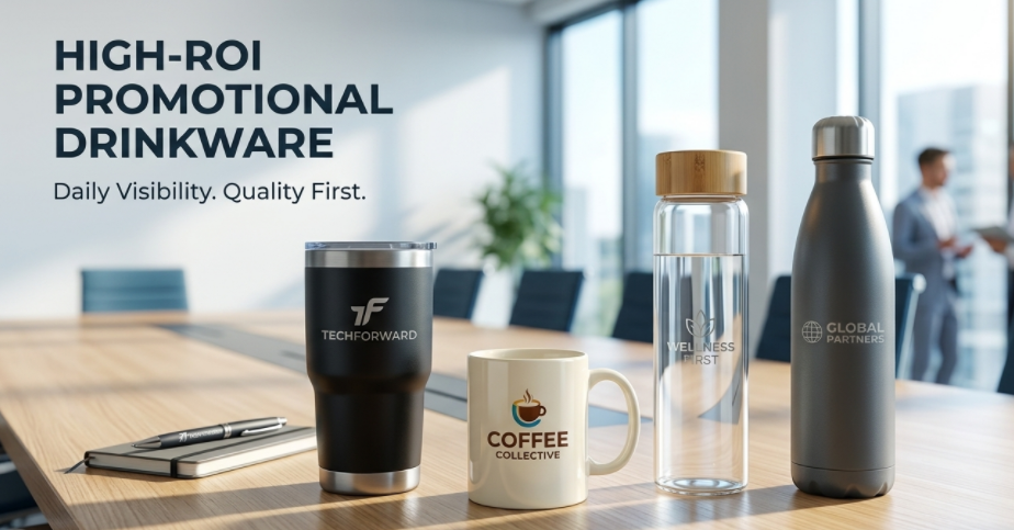 A variety of high-quality custom branded drinkware including stainless steel tumblers, ceramic mugs, and glass bottles on a boardroom table.