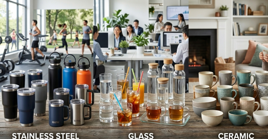 A collection of drinkware in stainless steel, glass, and ceramic materials side-by-side