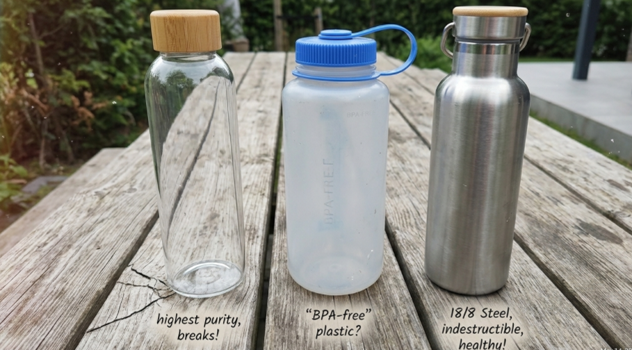 A plastic, glass, and stainless steel bottle lined up for comparison.