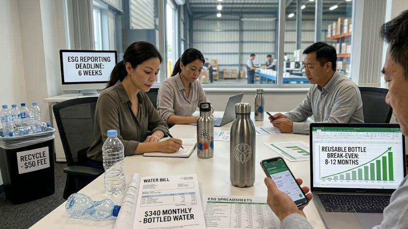 Office workers using reusable water bottles at desks