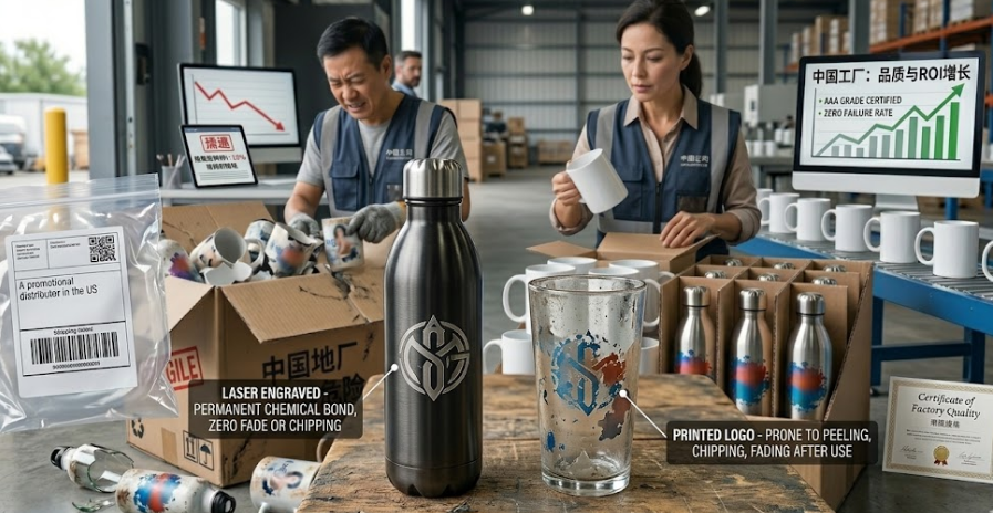 A close-up of a laser-engraved logo on a stainless steel bottle versus a printed logo on a glass cup.