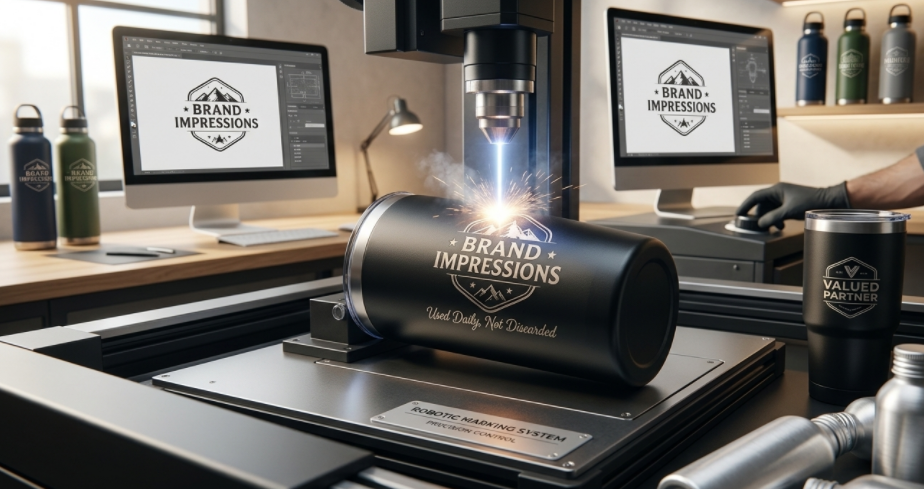 A close-up of a laser machine engraving a logo onto a stainless steel tumbler