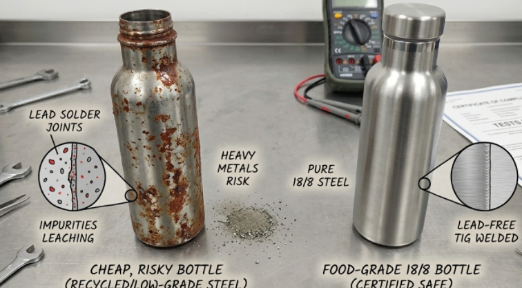 A corroded cheap bottle next to a pristine food-grade stainless steel one.