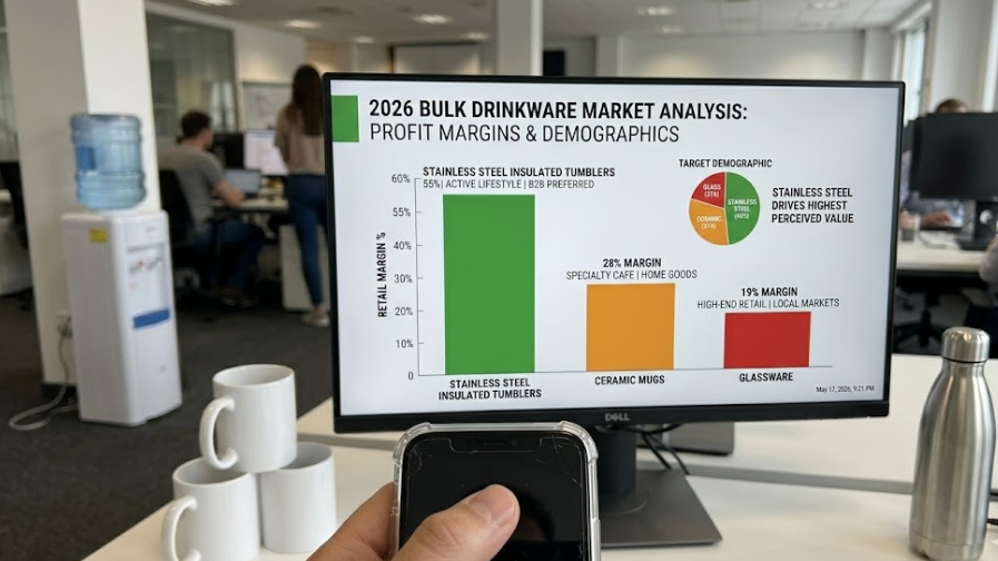 A graph showing profit margins for stainless steel tumblers compared to ceramic mugs and glass cups.