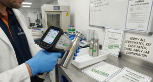 An inspector using a handheld XRF scanner to verify the 18/8 stainless steel purity of a Vivimug water bottle in a laboratory.