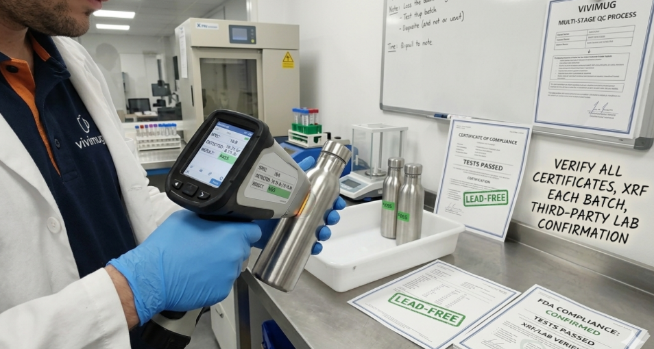 A quality control inspector testing a stainless steel bottle in a lab setting.