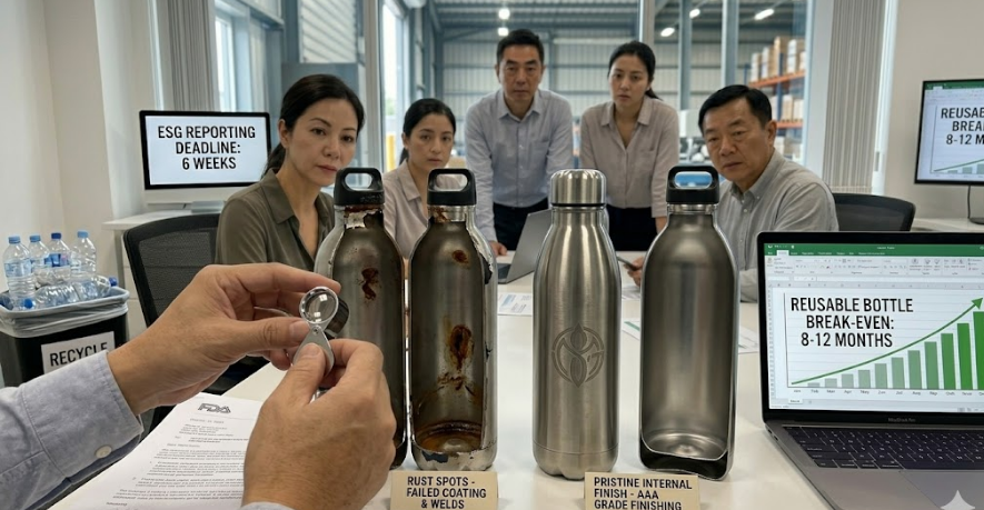 Close-up of stainless steel water bottle interior showing quality construction
